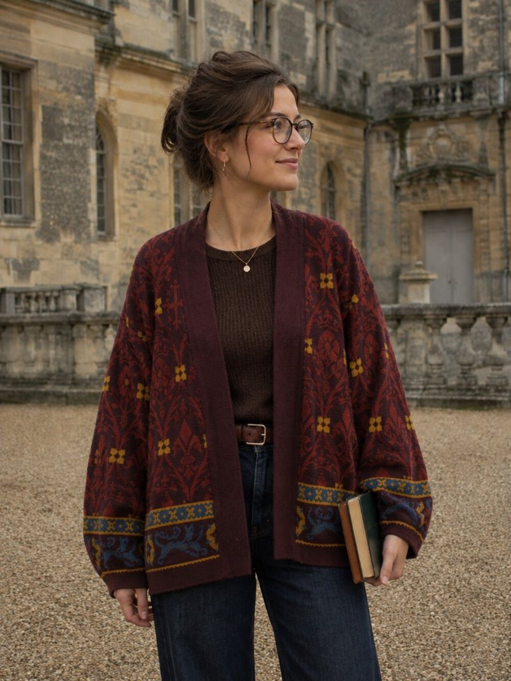 Vtg 1990s Past Times Gothic Revival medieval heraldic jacquard Cardigan Sweater